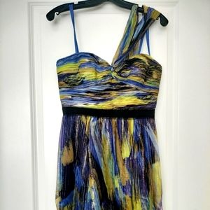 BCBG MAXAZRIA Chiffon Long Evening Maxi Dress with one shoulder in Metallic hues